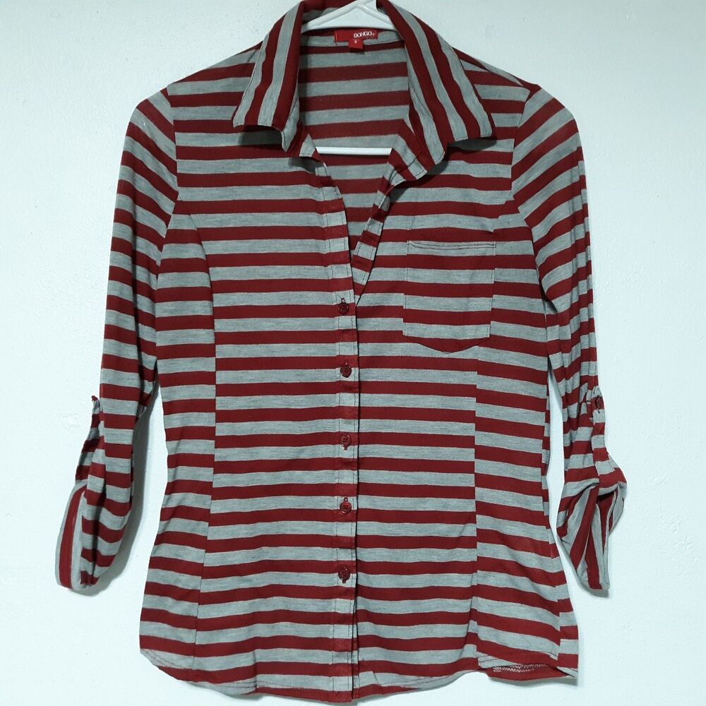Bongo Womens Shirt Red Gray Striped Button Up 3/4 Sleeve Small Top Fitted Womans
